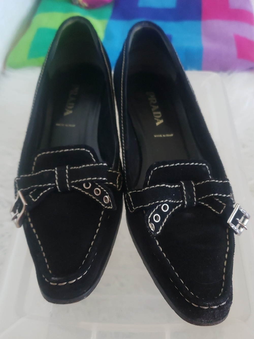 Prada Black Suede Loafers with White Contrast Stitching